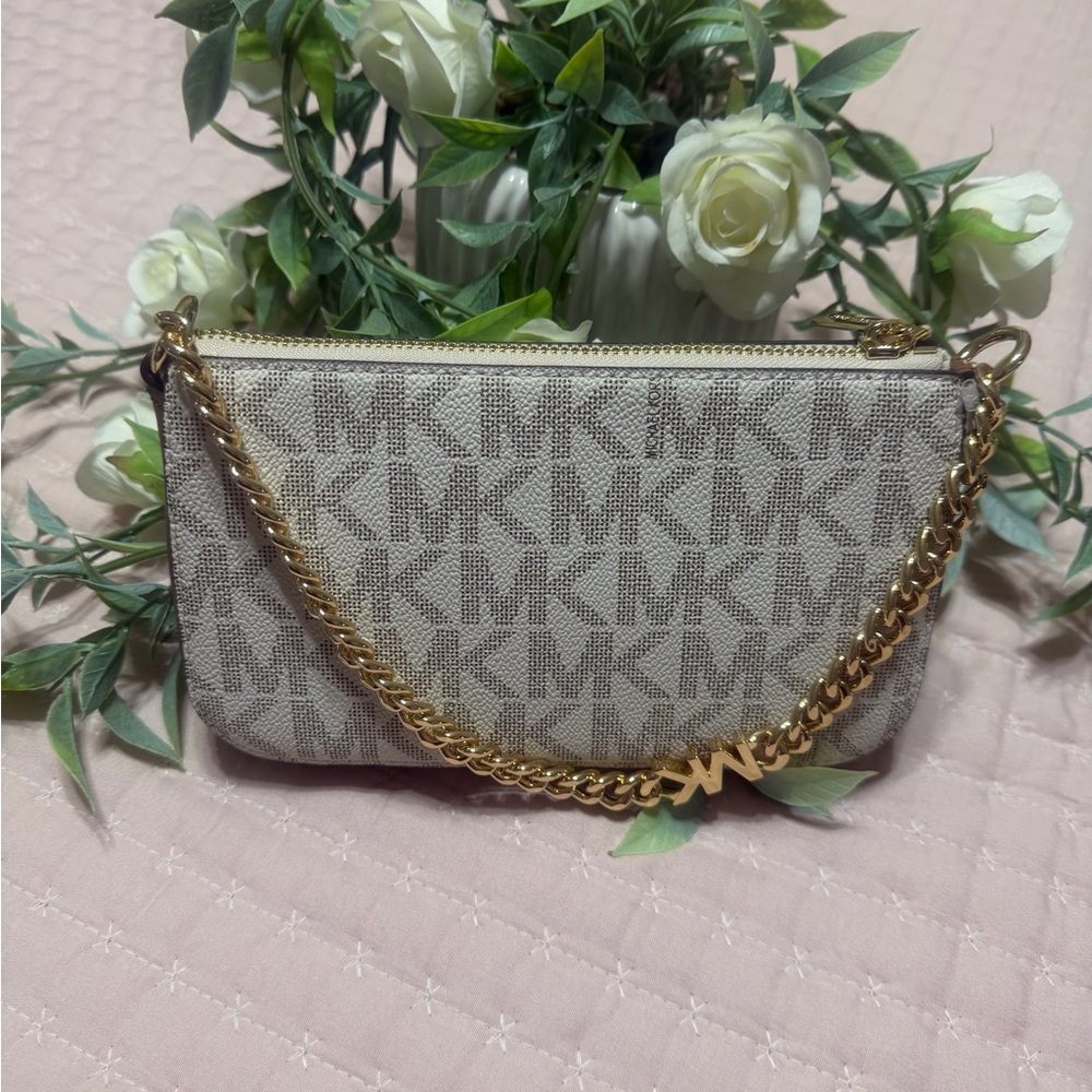 Michael Kors Beige MK Monogram Wristlet with Gold Chain
